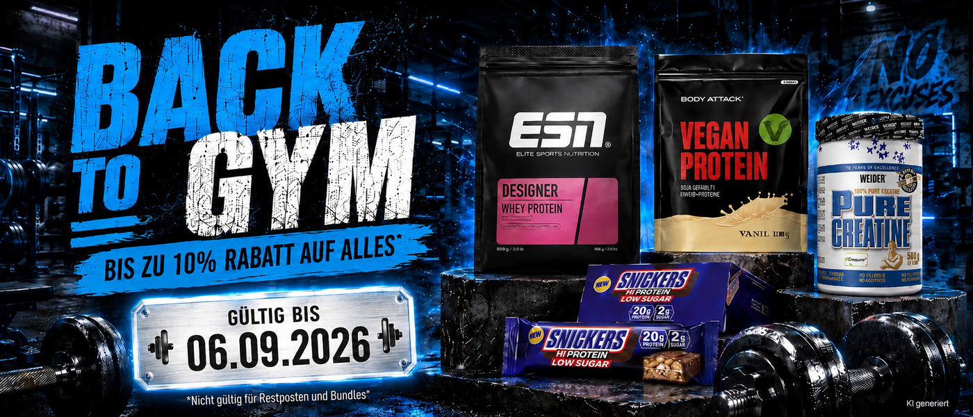 BACK TO GYM — bis zu 10 % Rabatt auf alles, gültig bis 06.09.2026 (KI generiert)