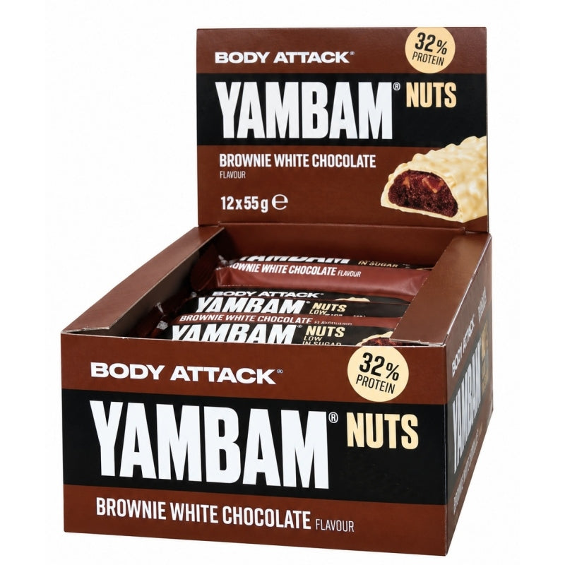 Body Attack - YamBam NUTS Riegel - Karton 12 x 55g Body Attack Brownie White Chocolate