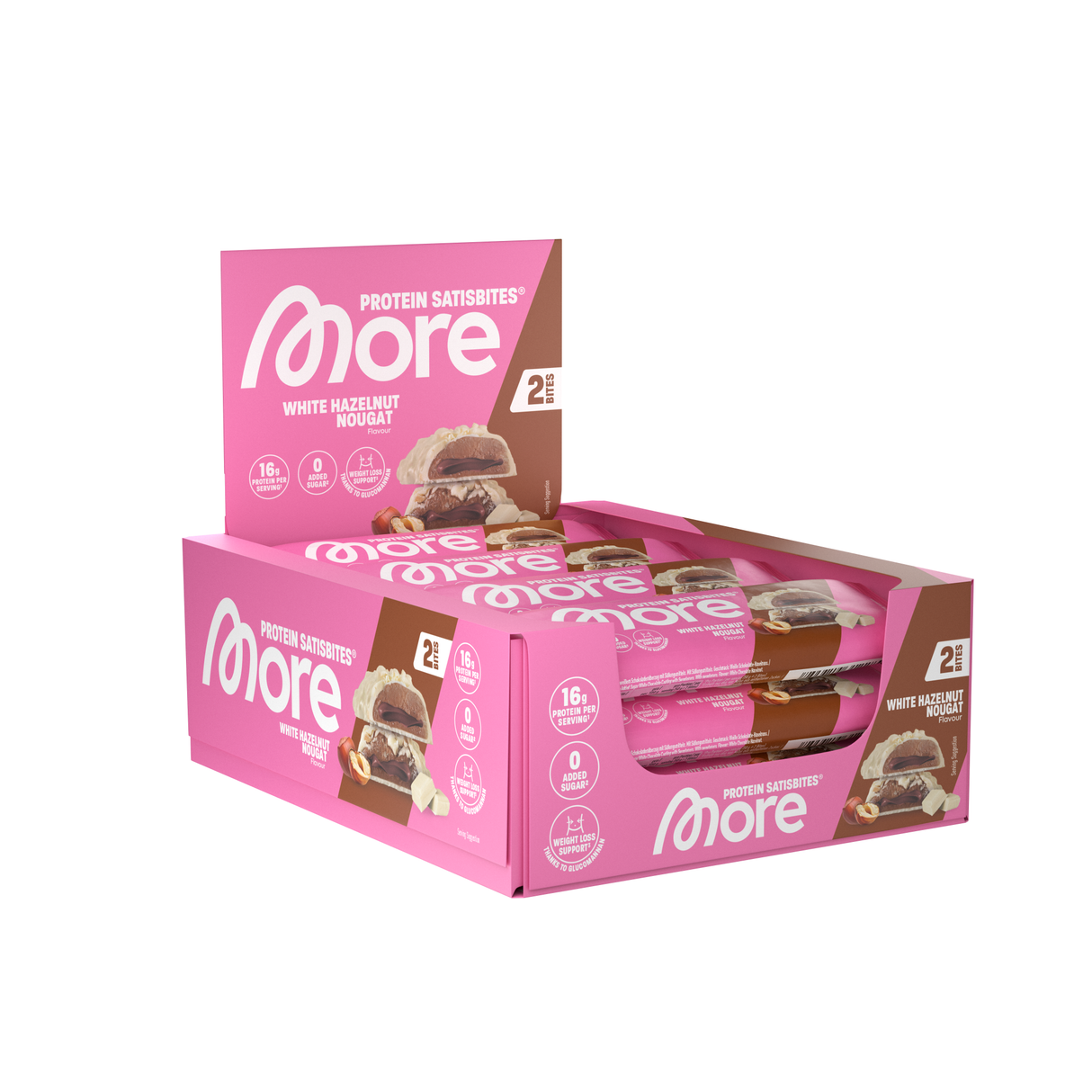 More Nutrition - Satisbites Protein Bar - Karton 12 x 50g Riegel More Nutrition White Hazelnut Nougat